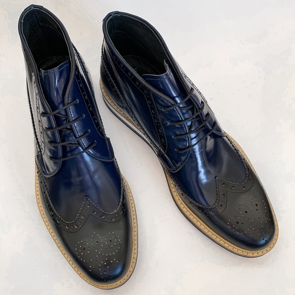 Navy Blue Wingtip Derby Leather Half Boots - Picture 2 of 4